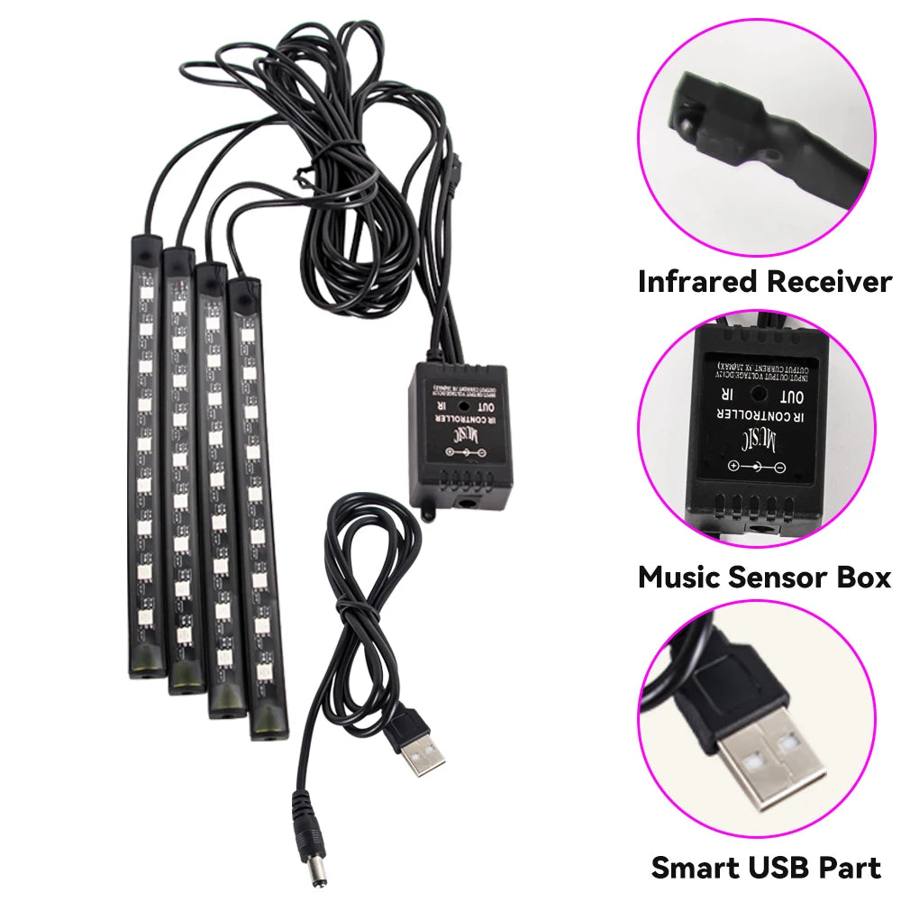 RGB LED Car Interior Ambient Light – 48/72 LED, Music Sync