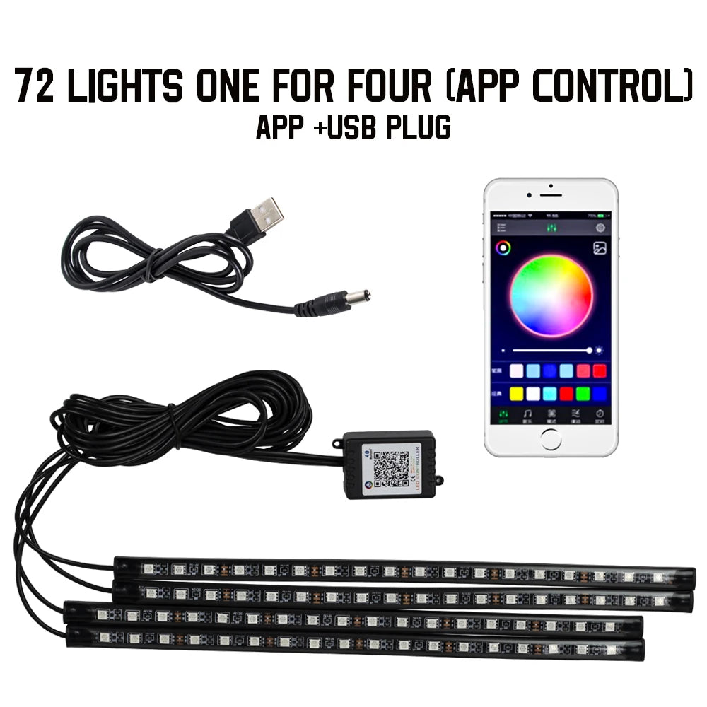 RGB LED Car Interior Ambient Light – 48/72 LED, Music Sync