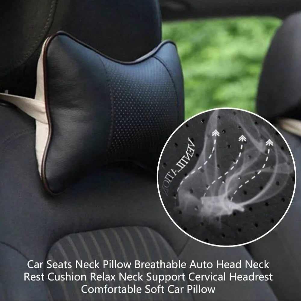 Car Seat Headrest Neck Pillow – PU Leather, Breathable Mesh