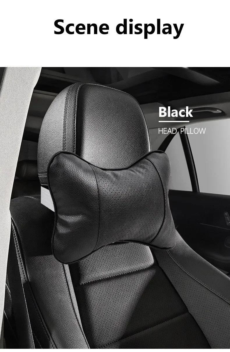 Car Seat Headrest Neck Pillow – PU Leather, Breathable Mesh
