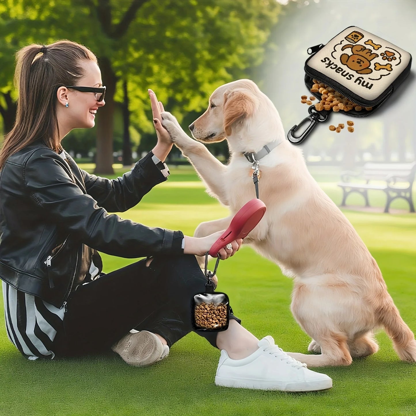 1pc Cute Dog Print Dog Treat Pouch Dog Treat Bag with Hook Up and Zipper Puppy Training Bag Hnadle Snack Bag for Dog