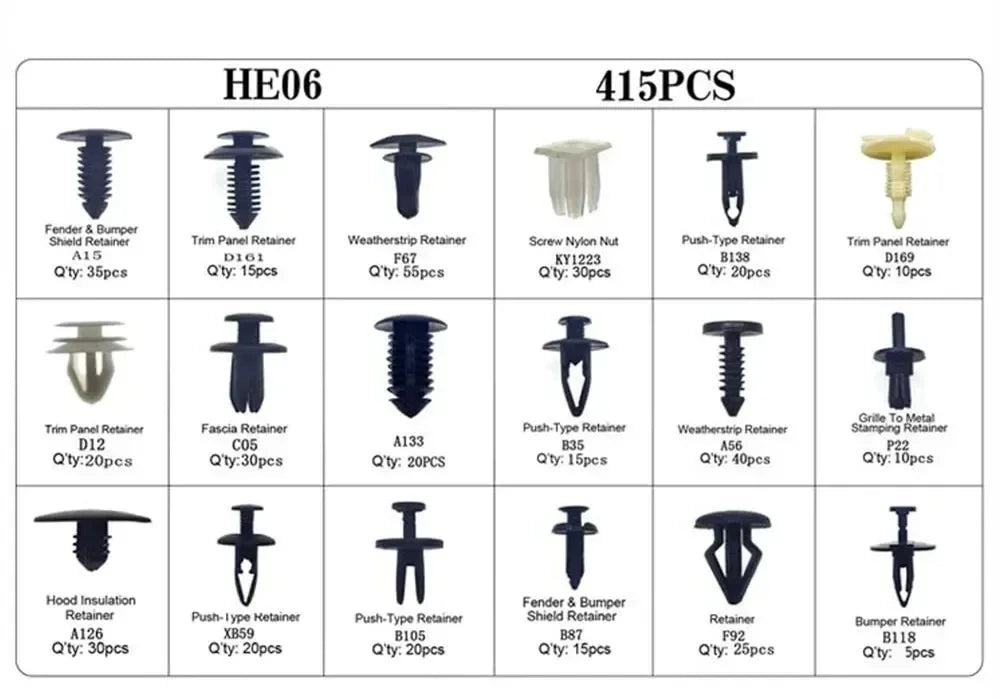 Car Plastic Fastener Clip Kit – 16 Sizes, ABS