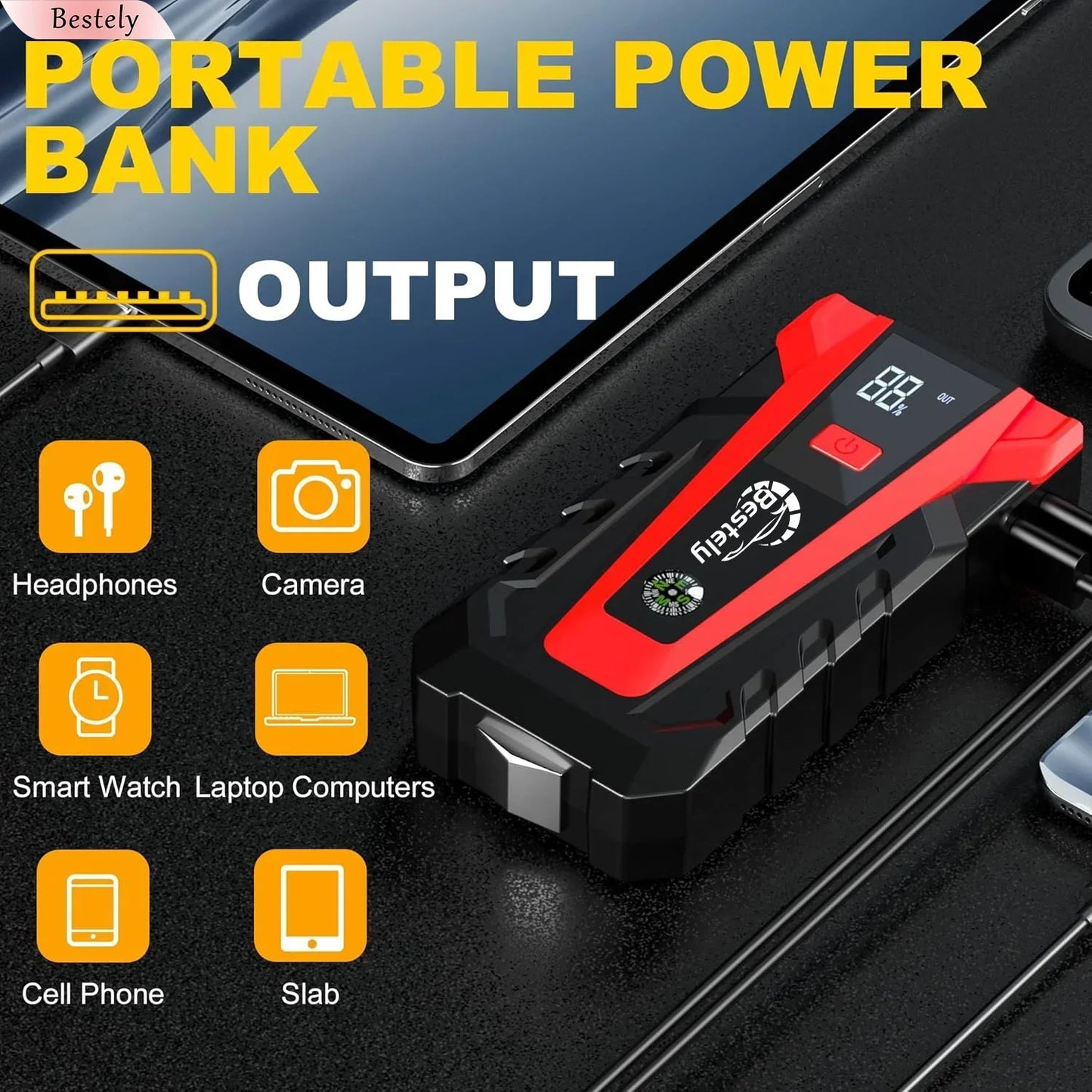 12v Car Battery Jump Starter, 12v Jump Starter Battery Pack 3000A Peak,Portable Jump Box with Full LCD Screen & LED Light & USB