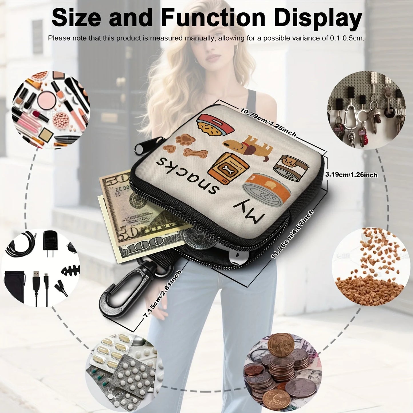 1pc Cute Dog Print Dog Treat Pouch Dog Treat Bag with Hook Up and Zipper Puppy Training Bag Hnadle Snack Bag for Dog