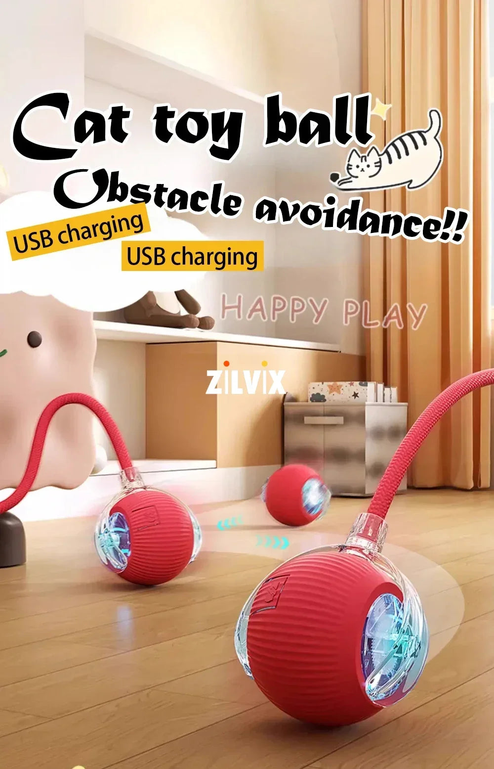 1~3pcs Cat Interactive Ball Toy Automatic Rolling Ball Tail Rechargeable Smart Pet Electric Toy Dog Cat Training Imitate Mouse