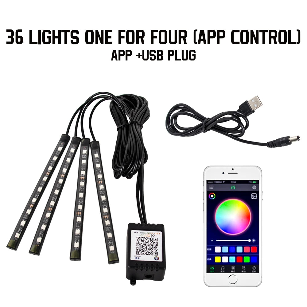 RGB LED Car Interior Ambient Light – 48/72 LED, Music Sync