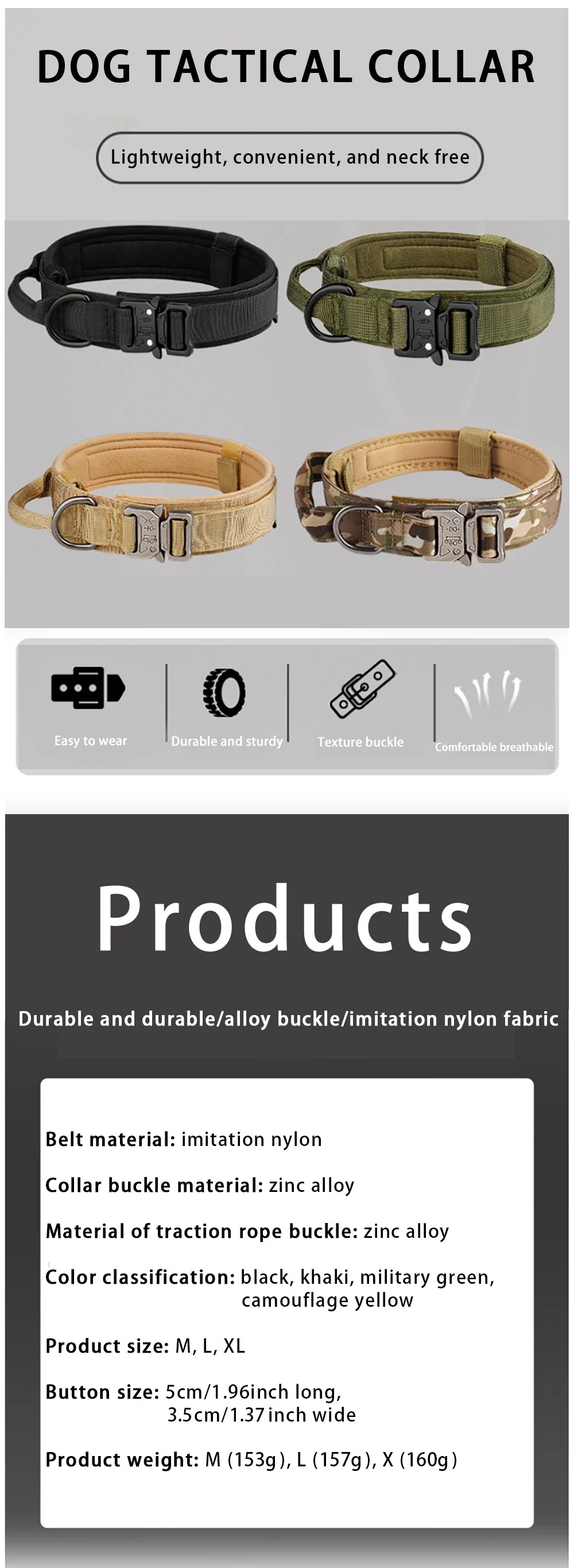 Pet Products Outdoor Tactical Dog Collar Metal Buckle Breathability Nylon Collar Medium and Large Dog Training Neck Collar Dog