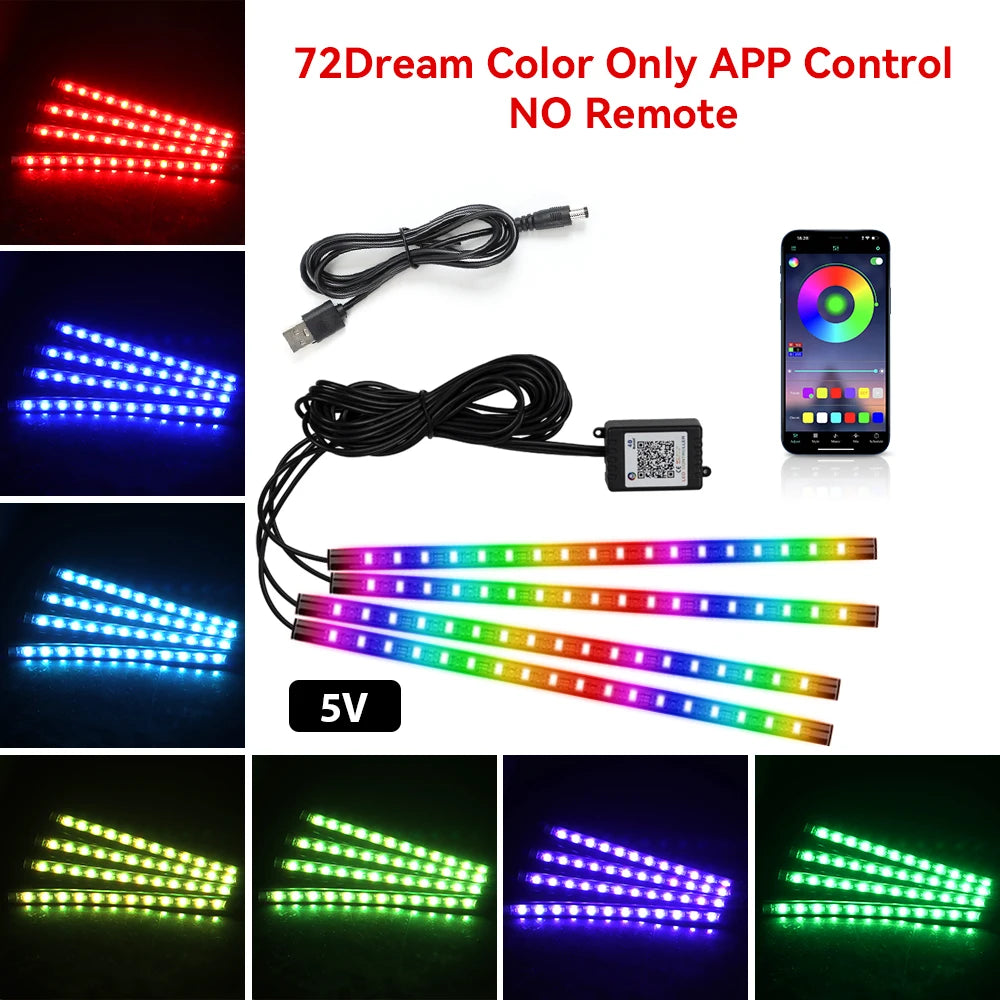 RGB LED Car Interior Ambient Light – 48/72 LED, Music Sync