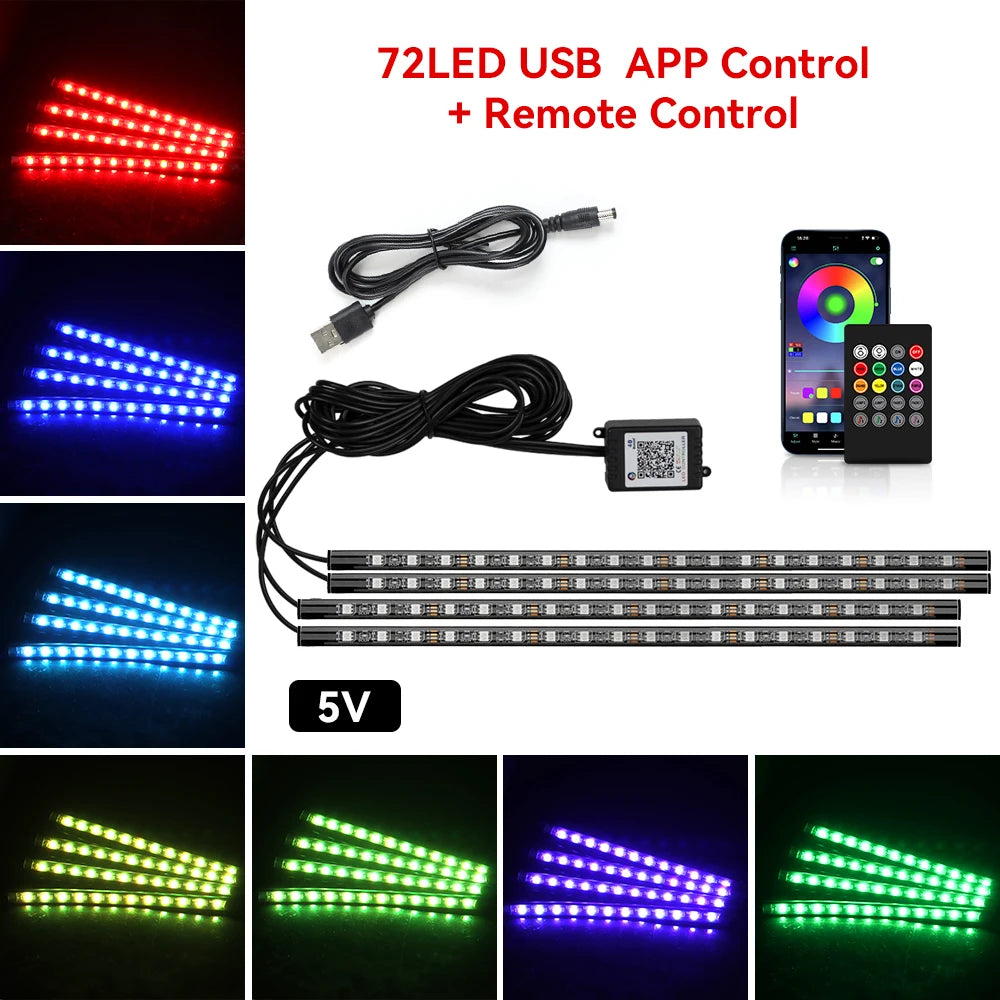 RGB LED Car Interior Ambient Light – 48/72 LED, Music Sync